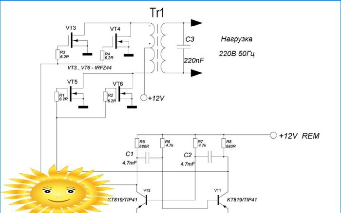 Pretvarač napona temeljen na multivibratoru i prekidačima snage IRFZ44